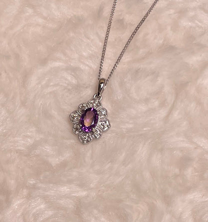 9ct White Gold Amethyst & Diamond Art Deco Pendant Necklace