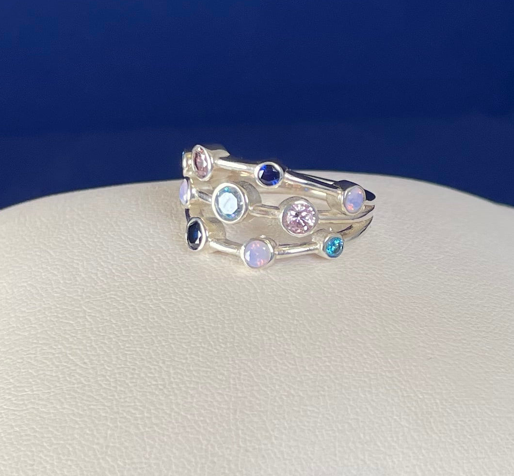 Rhodium-Plated Silver Boodle Ring With Coloured Cubic Zirconia