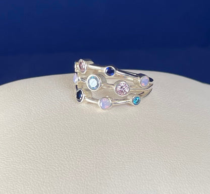 Rhodium-Plated Silver Boodle Ring With Coloured Cubic Zirconia