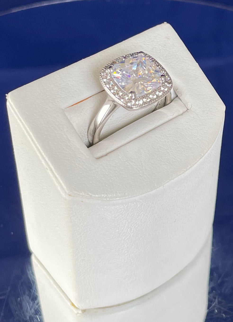 Rhodium-Plated Silver Large Cushion Shape Cubic Zirconia Cluster Ring