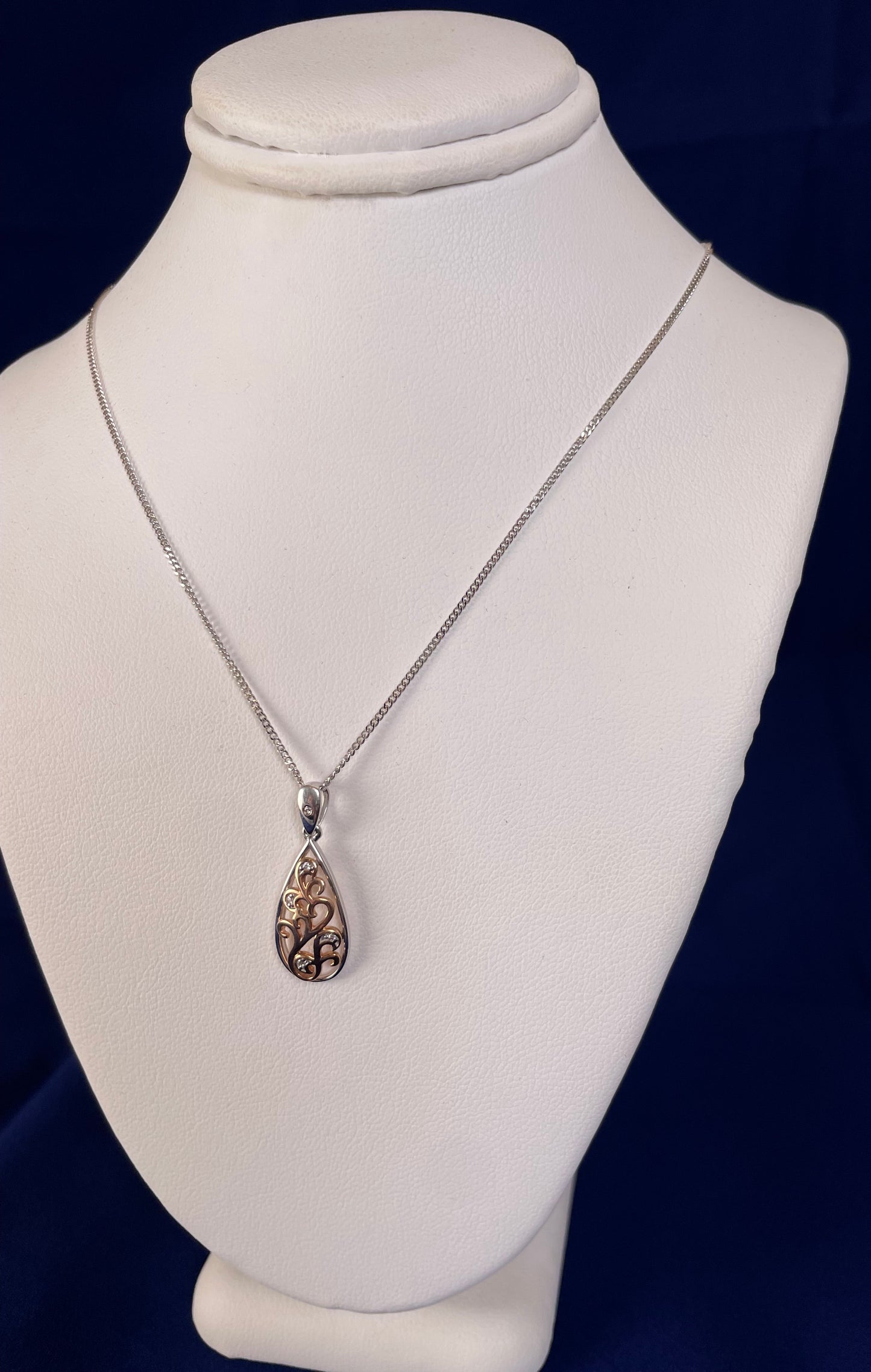 9ct White & Rose Gold Pear Shape Pendant set with Diamonds Necklace