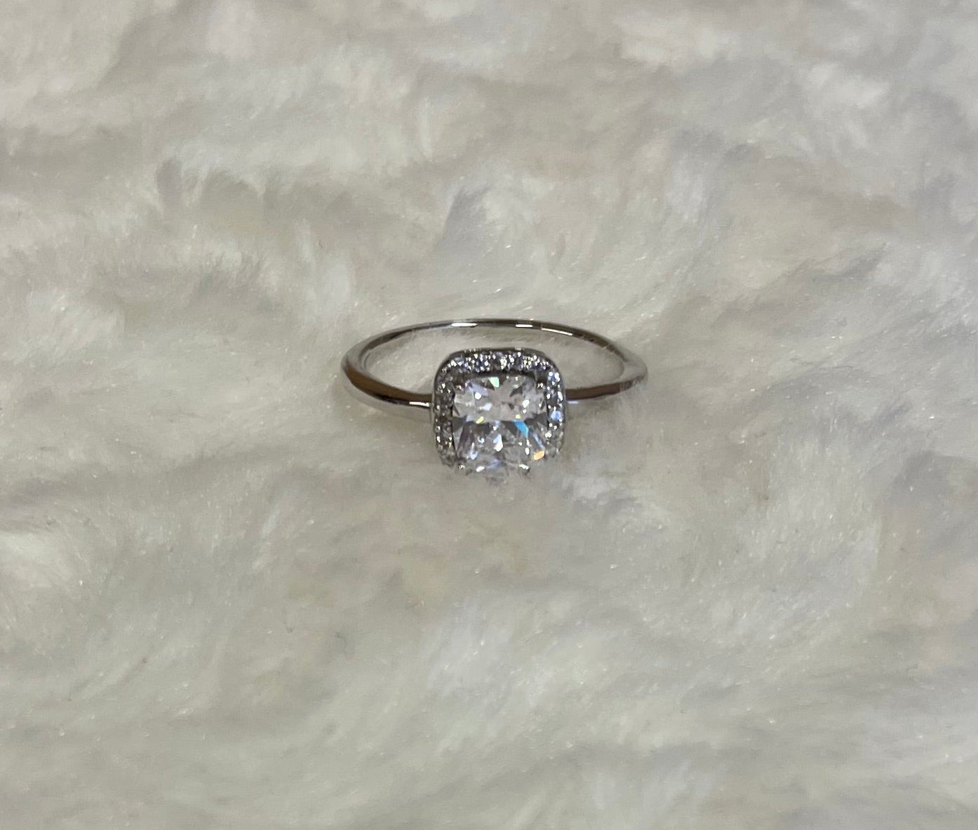 Rhodium-Plated Silver Cushion Shape Cubic Zirconia Cluster Ring