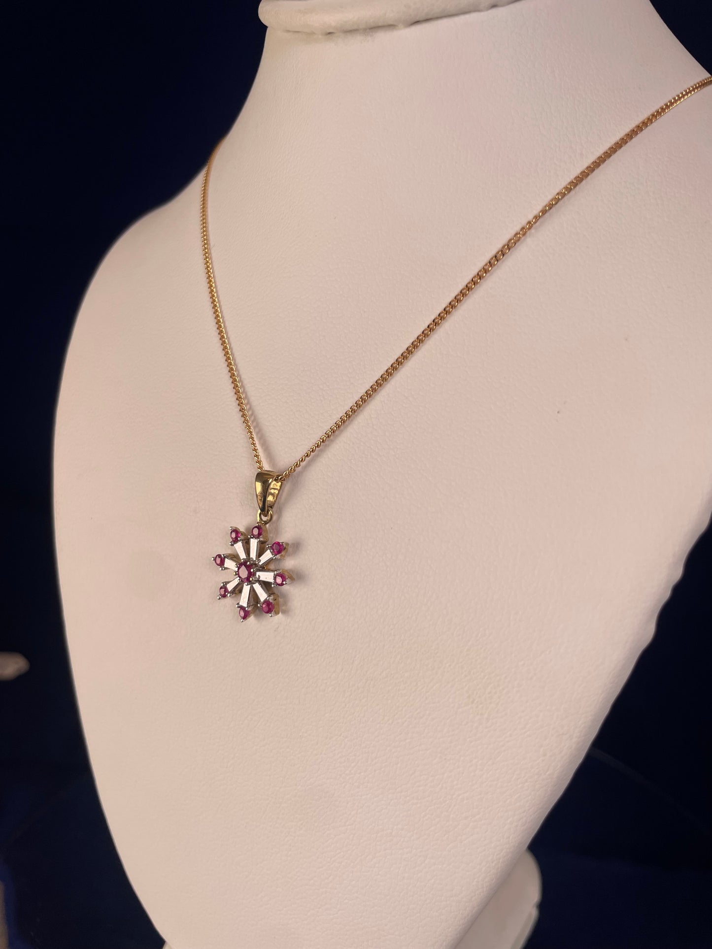 9ct Yellow Gold Diamond & Ruby Snow Flake Pendant Necklace