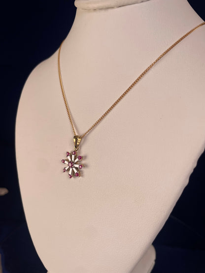 9ct Yellow Gold Diamond & Ruby Snow Flake Pendant Necklace