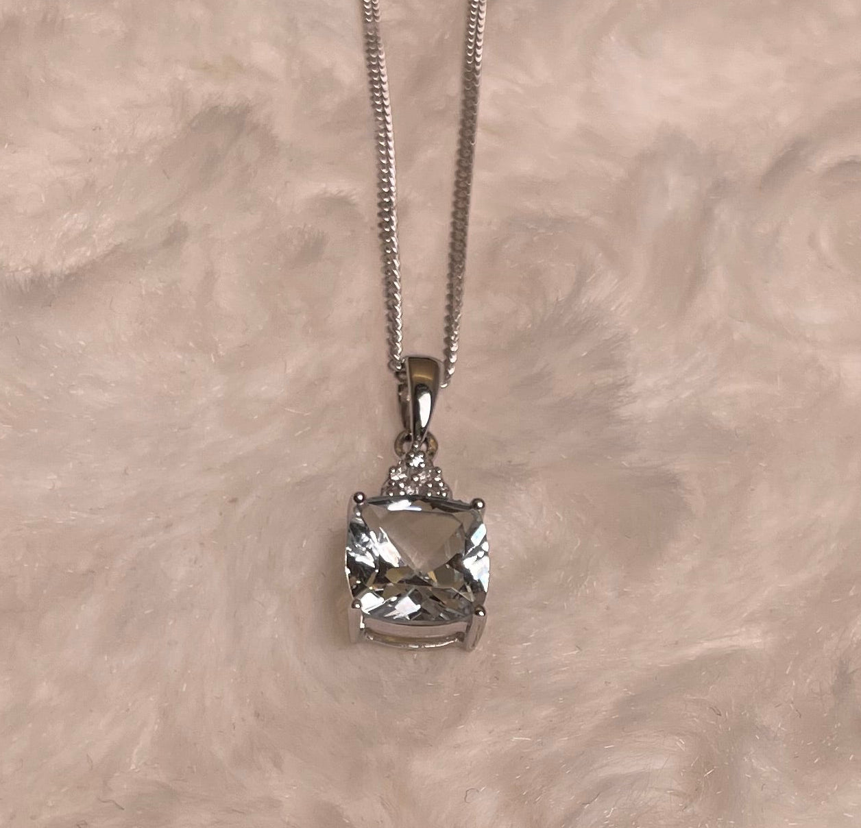 9ct White Gold Cushion Shape Aquamarine with Diamond Chips Pendant Necklace