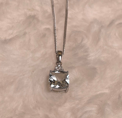 9ct White Gold Cushion Shape Aquamarine with Diamond Chips Pendant Necklace