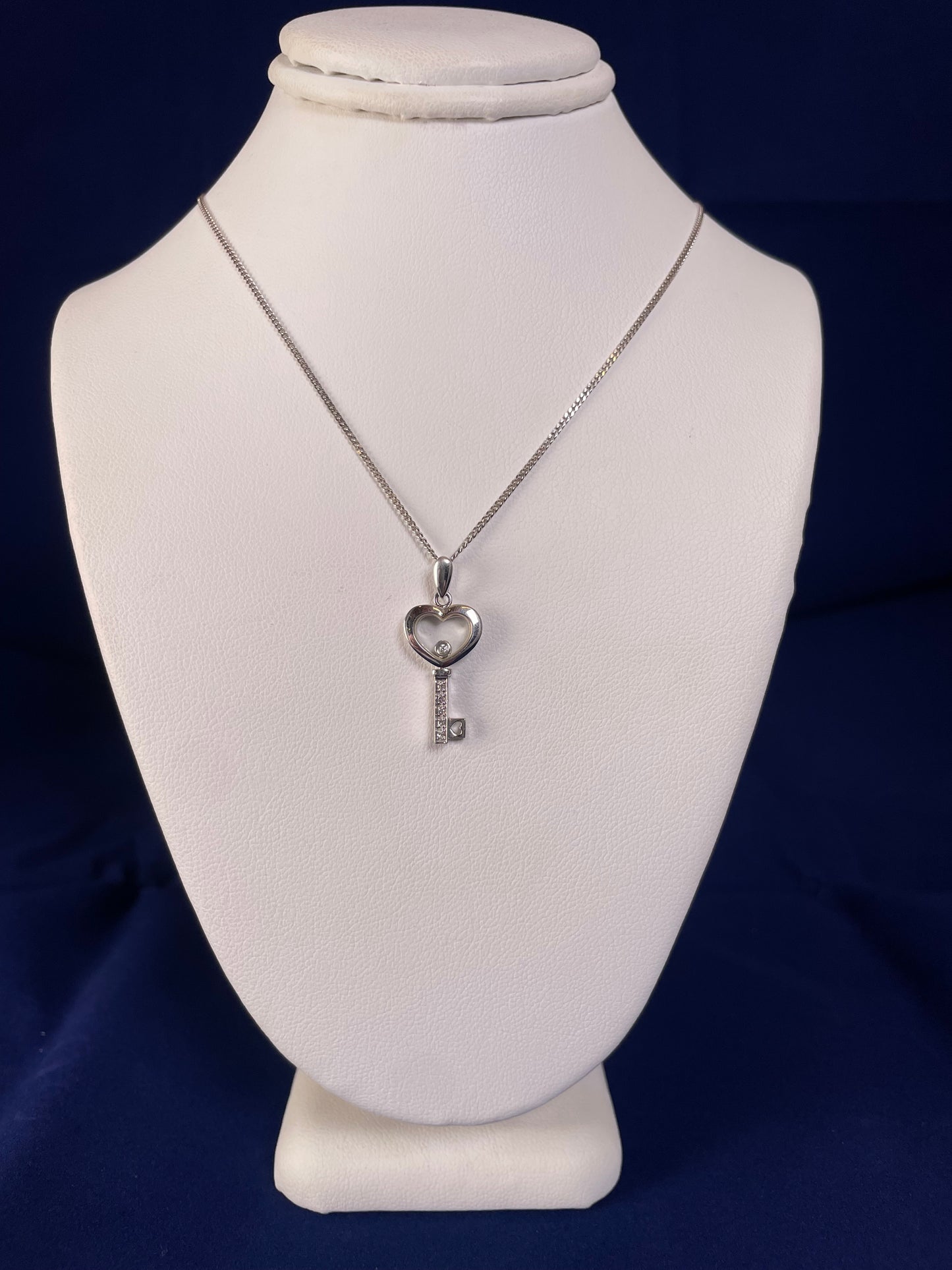 9ct White Gold Key Pendant with Diamond Chips & Floating Diamond