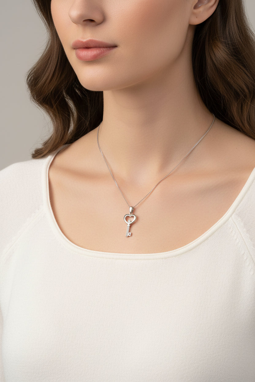 9ct White Gold Key Pendant with Diamond Chips & Floating Diamond