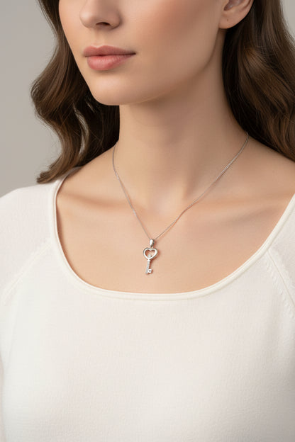 9ct White Gold Key Pendant with Diamond Chips & Floating Diamond