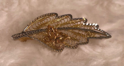 9ct Three Colour Gold Filigree Leaf Brooch