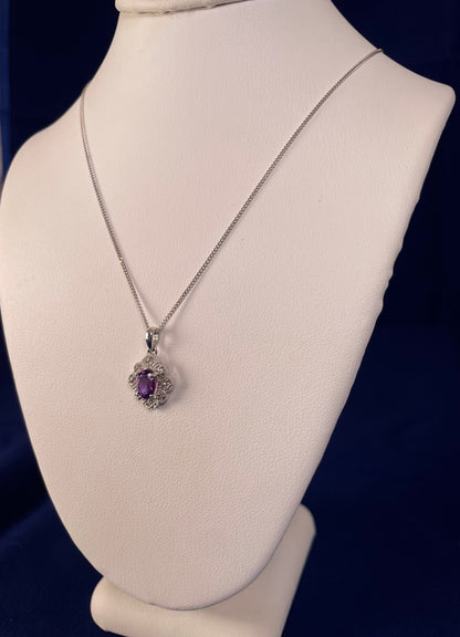 9ct White Gold Amethyst & Diamond Art Deco Pendant Necklace
