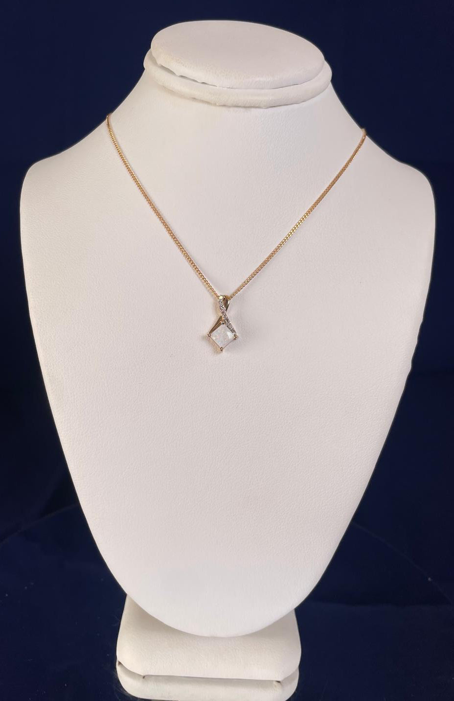 9ct Yellow Gold Square White Opal with Crossover Diamond Bale Pendant Necklace