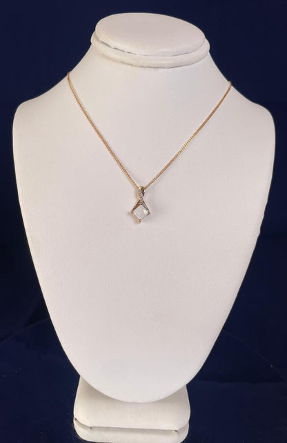 9ct Yellow Gold Square White Opal with Crossover Diamond Bale Pendant Necklace