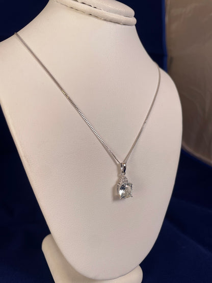 9ct White Gold Cushion Shape Aquamarine with Diamond Chips Pendant Necklace