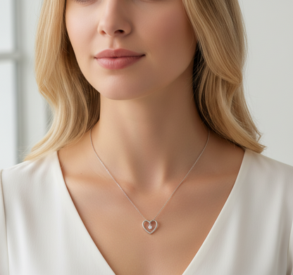 9ct White Gold Open Heart Pendant with Suspended Diamond