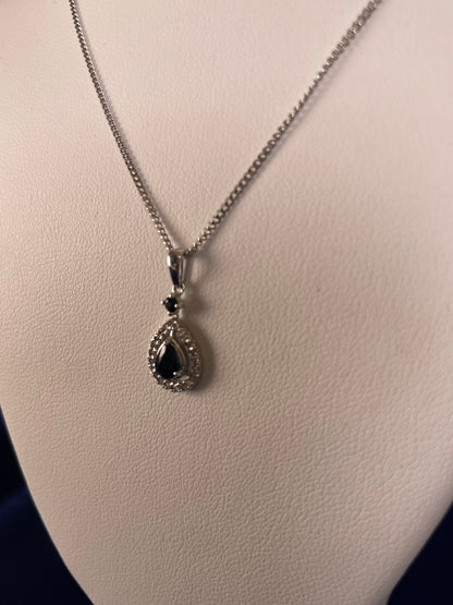 9ct White Gold Sapphire & Diamond Pear Shaped Pendant Necklace