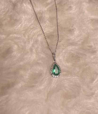 9ct White Gold Emerald & Diamond Cluster Pendant Necklace