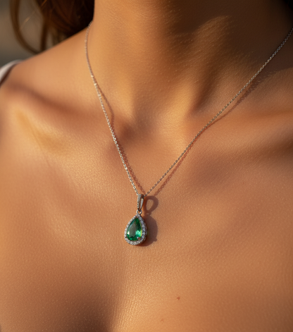 9ct White Gold Emerald & Diamond Cluster Pendant Necklace