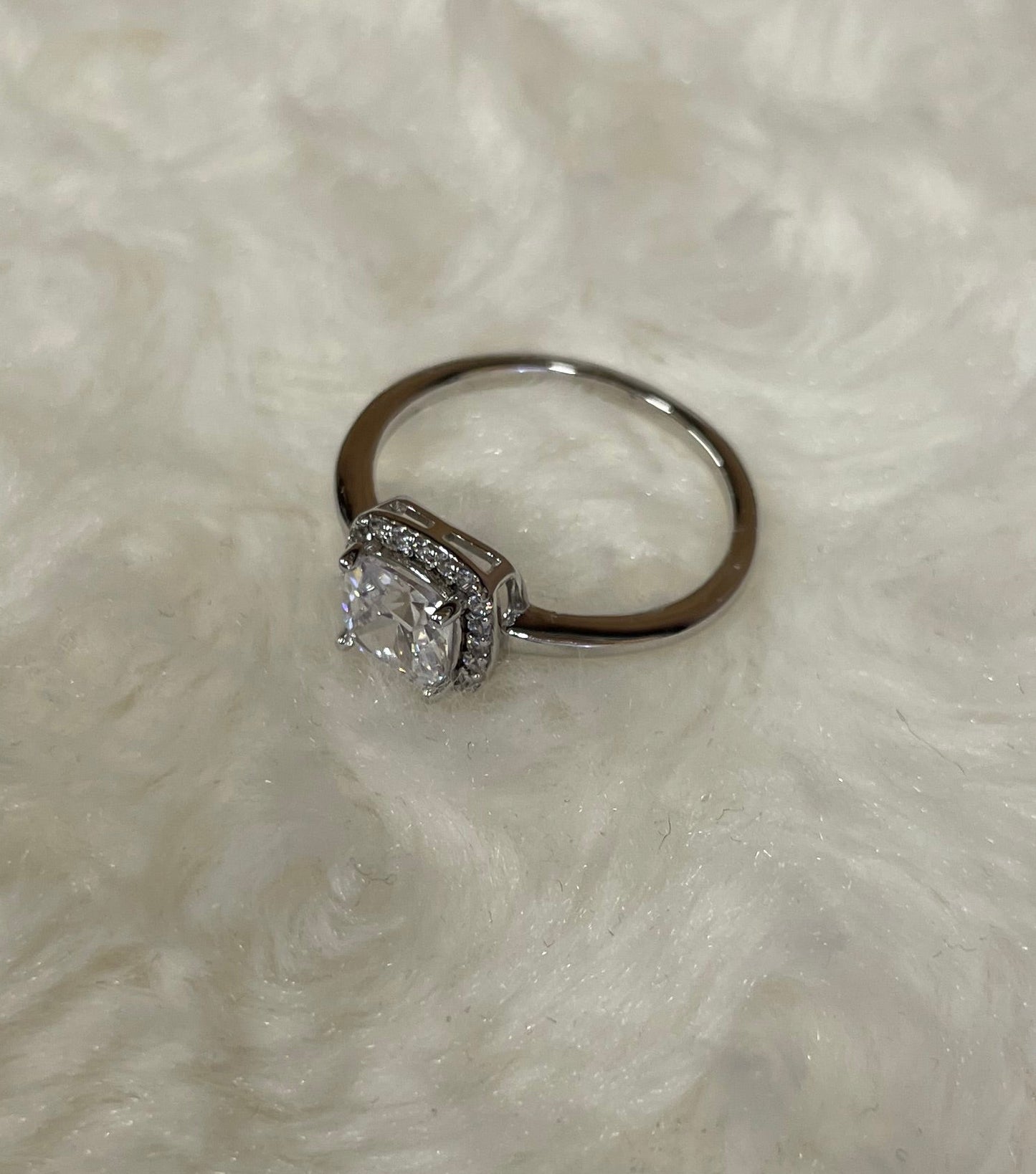 Rhodium-Plated Silver Cushion Shape Cubic Zirconia Cluster Ring