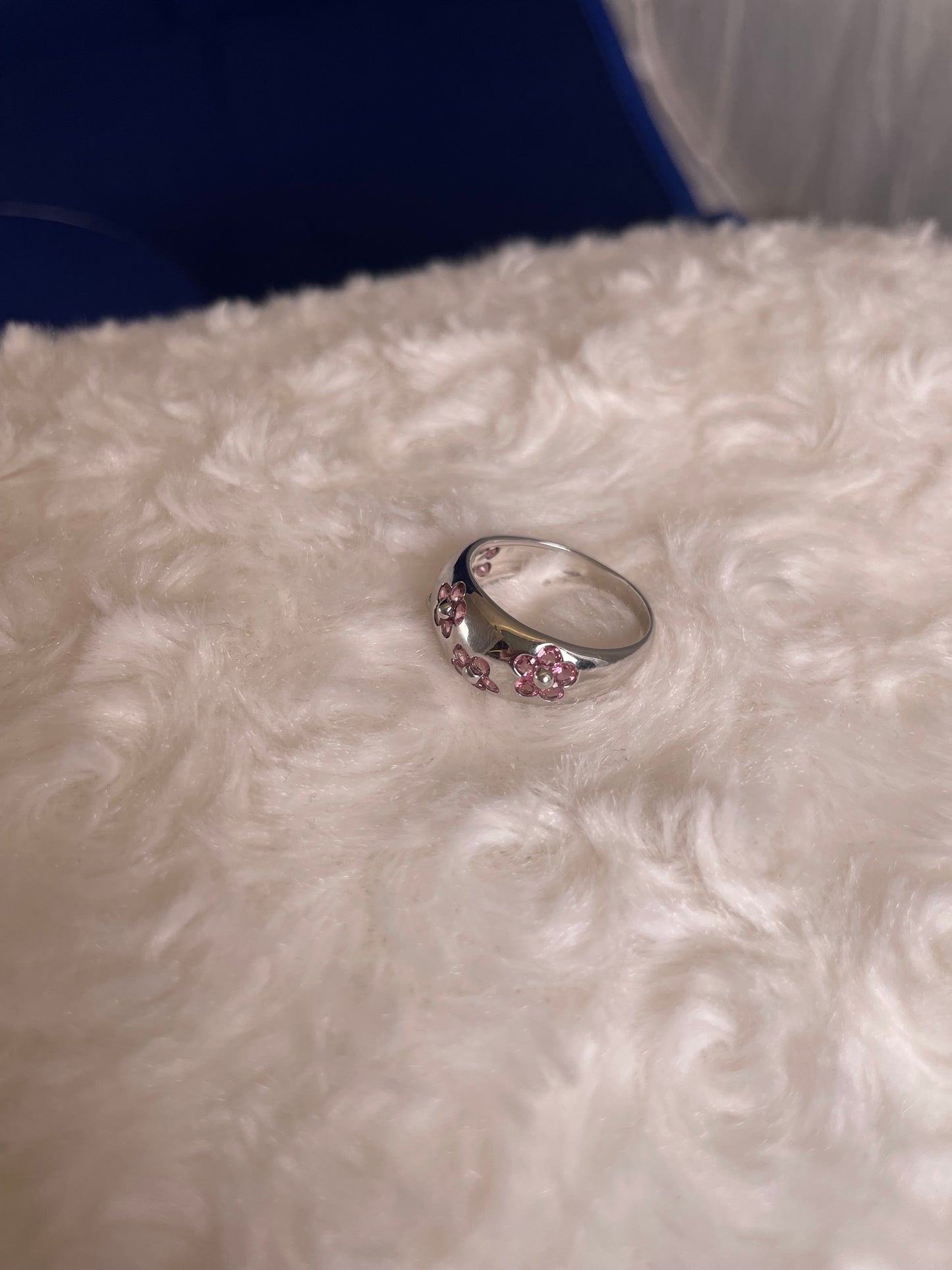 9ct White Gold Dome Dress Ring Set with Five Cluster Pink Sapphire flowers