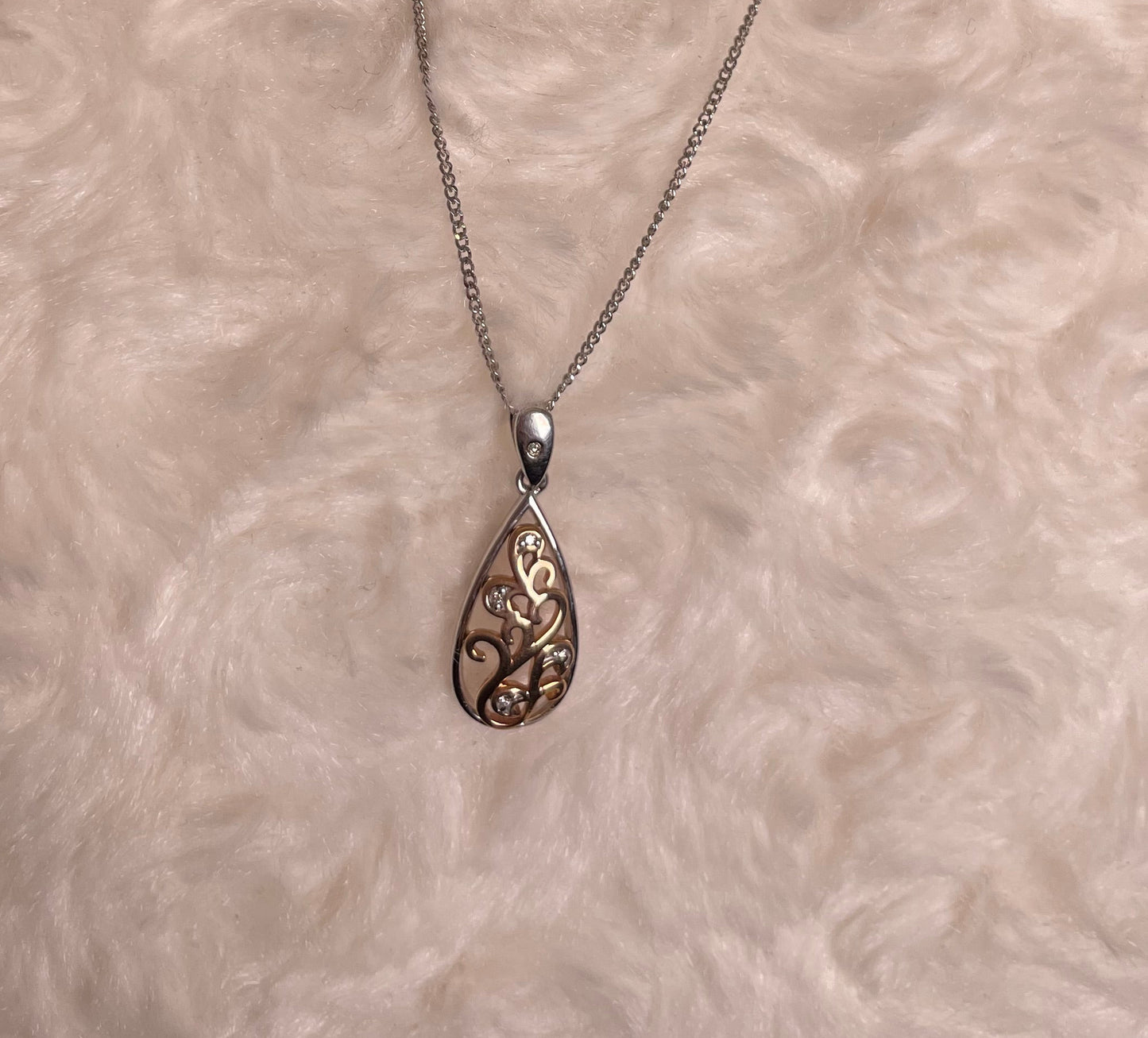 9ct White & Rose Gold Pear Shape Pendant Set With Diamonds Necklace