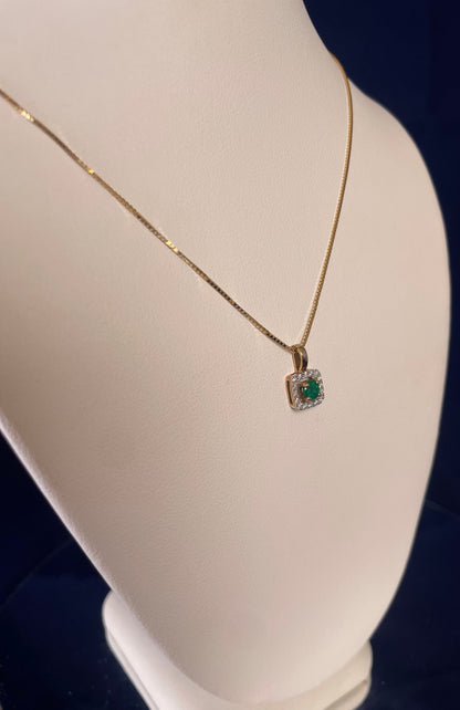 9ct Yellow Gold Emerald With Diamond Cluster Pendant Necklace