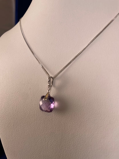 9ct White Gold Pineapple Cut Cushion Shape Amethyst Drop Pendant Necklace