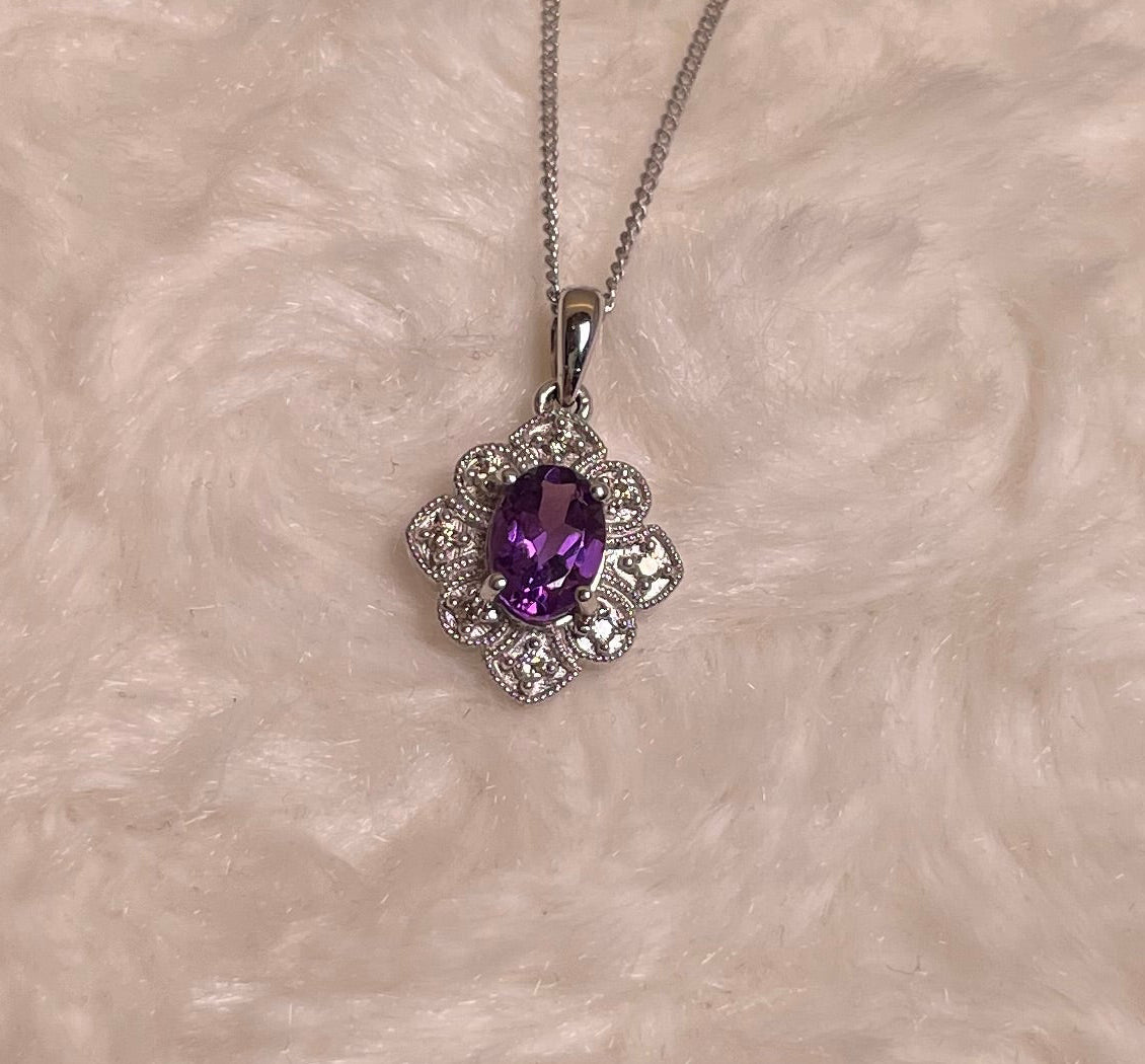9ct White Gold Amethyst & Diamond Art Deco Pendant Necklace