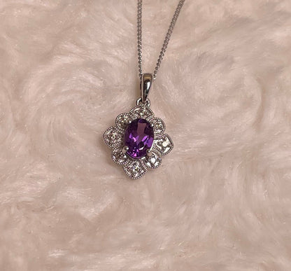 9ct White Gold Amethyst & Diamond Art Deco Pendant Necklace