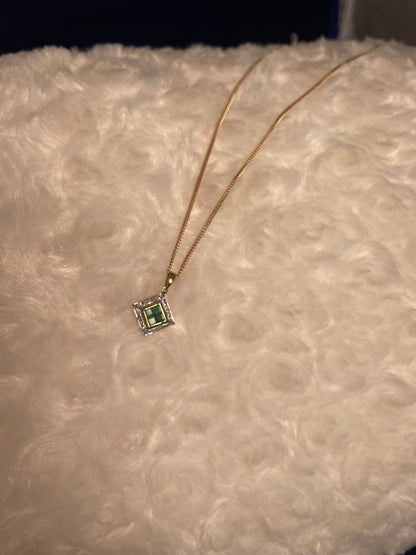 9ct Yellow Gold Diamond & Emerald Square Pendant Necklace