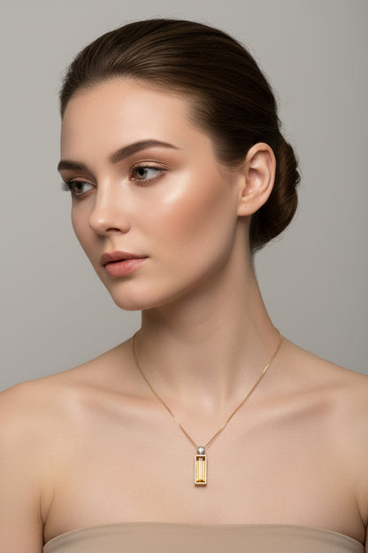 9ct Yellow Gold Baguette Citrine & White Gold Bale with One Diamond Pendant Necklace