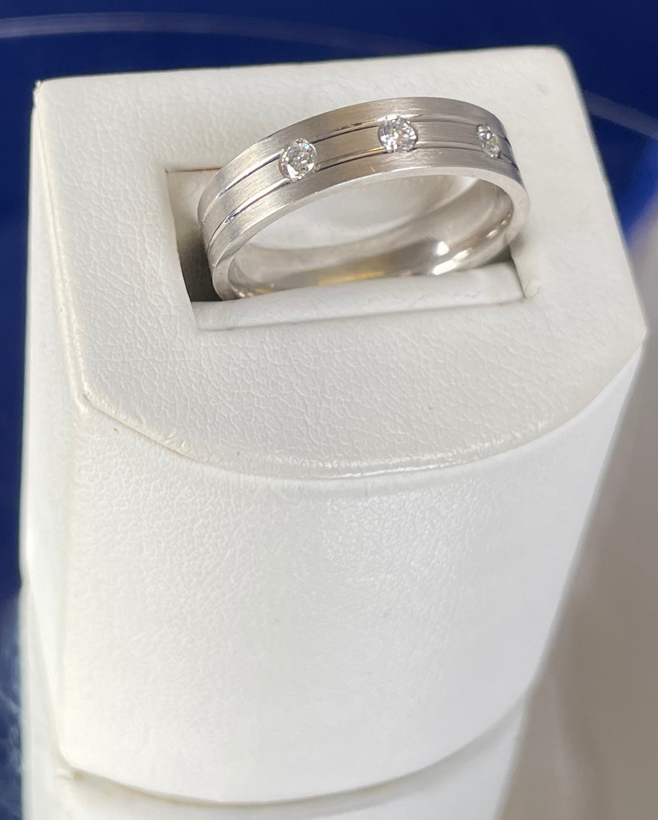 Rhodium-Plated Silver Matte Finish Flat Court Band with Cubic Zirconias
