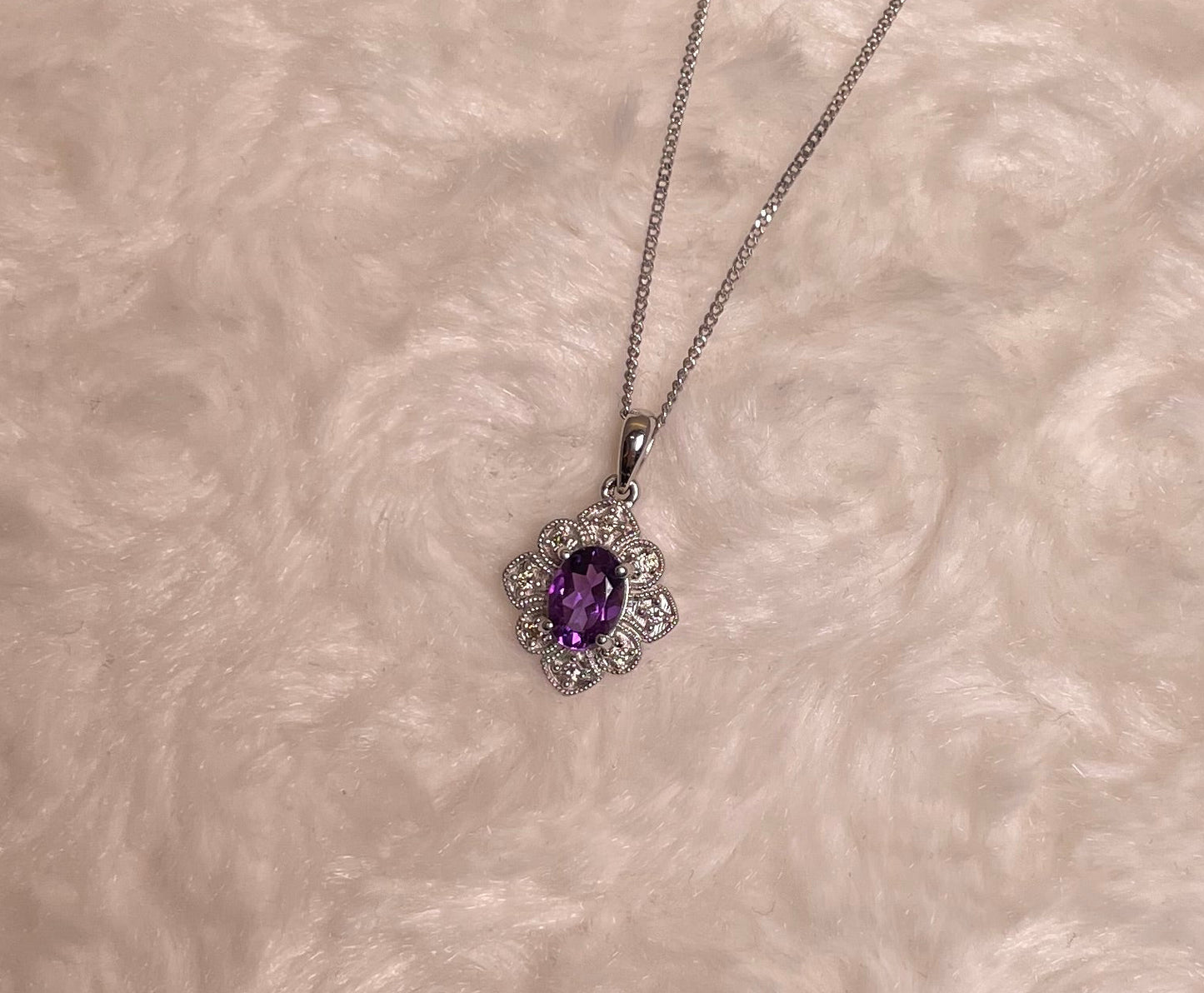 9ct White Gold Amethyst & Diamond Art Deco Pendant Necklace