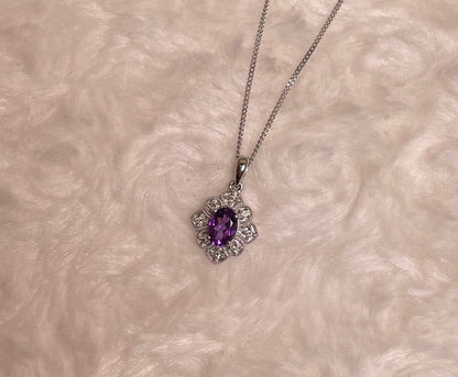 9ct White Gold Amethyst & Diamond Art Deco Pendant Necklace