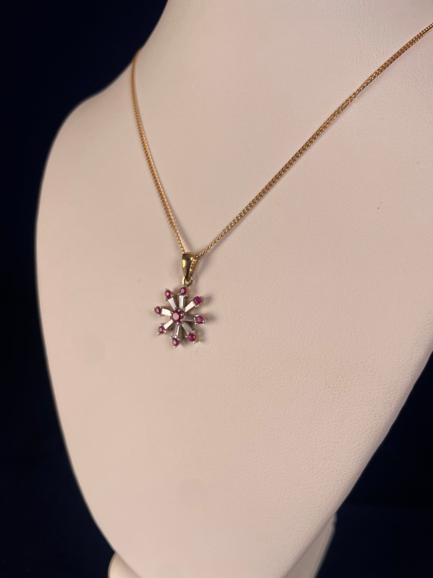 9ct Yellow Gold Diamond & Ruby Snow Flake Pendant Necklace