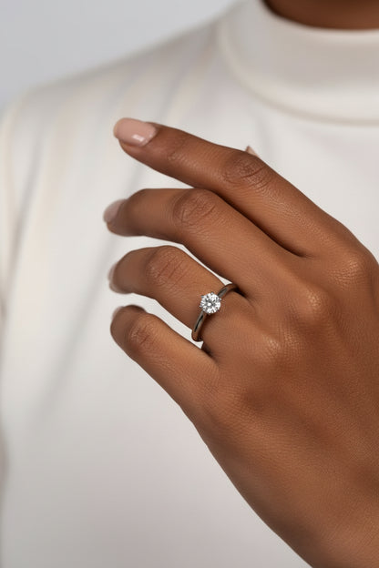 Rhodium-Plated Silver Brilliant Cut Solitaire Cubic Zirconia Six Claw Setting