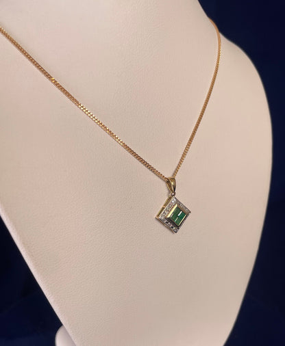 9ct Yellow Gold Diamond & Emerald Square Pendant Necklace