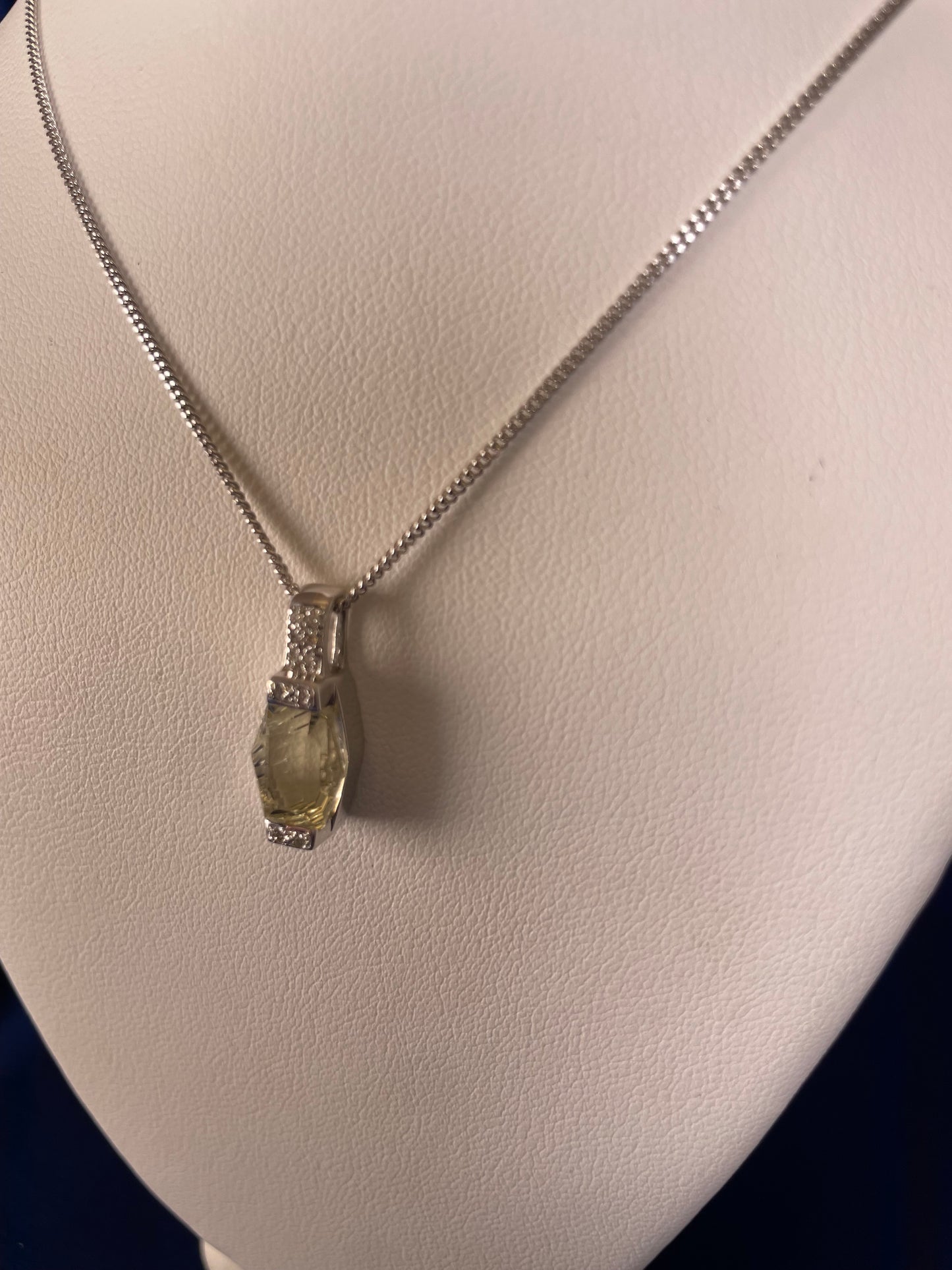 9ct White Gold Lemon Quart & Diamond Pendant Necklace