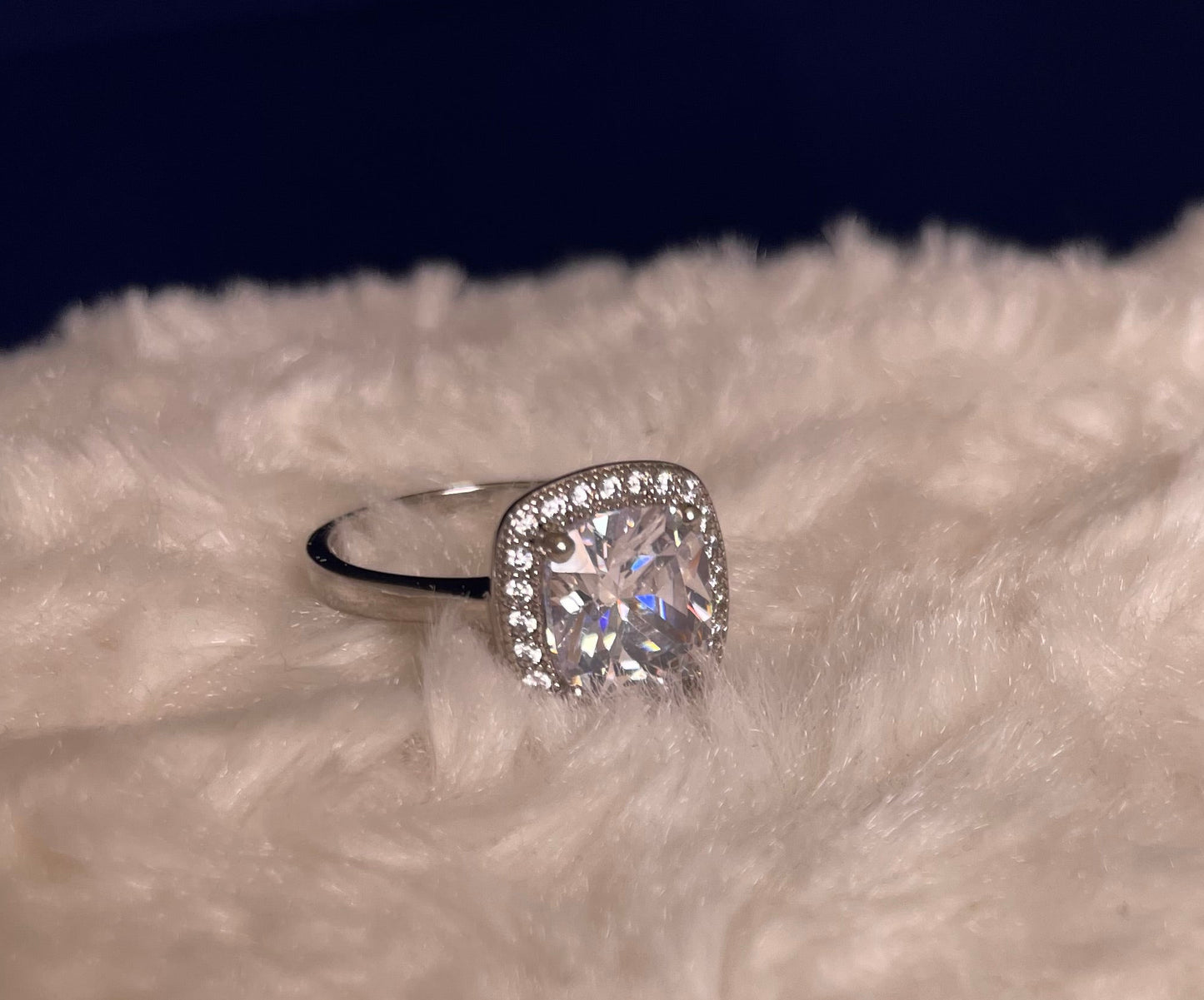 Rhodium-Plated Silver Large Cushion Shape Cubic Zirconia Cluster Ring