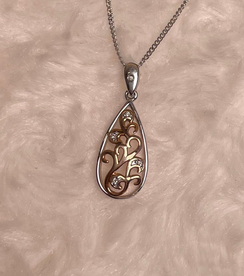 9ct White & Rose Gold Pear Shape Pendant set with Diamonds Necklace