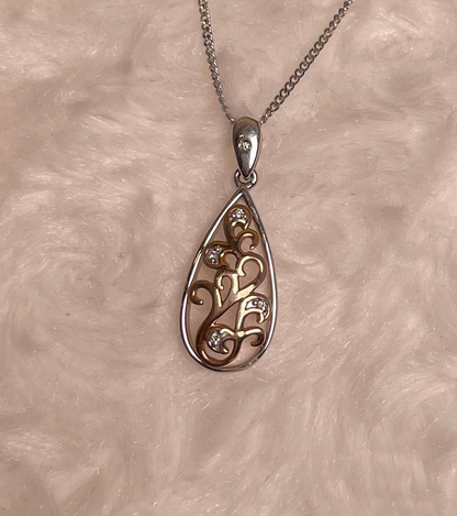 9ct White & Rose Gold Pear Shape Pendant set with Diamonds Necklace