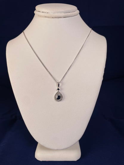 9ct White Gold Sapphire & Diamond Pear Shaped Pendant Necklace