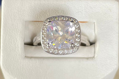 Large Cushion Shape Cubic Zirconia Cluster Rhodium Plated Ring