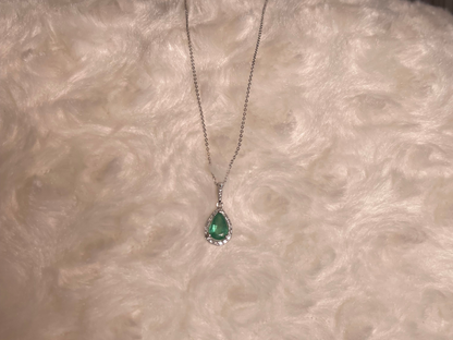 9ct White Gold Emerald & Diamond Cluster Pendant Necklace