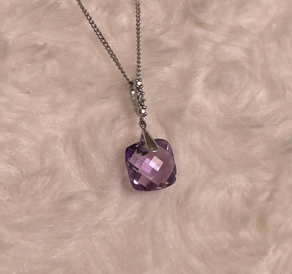 9ct White Gold Pineapple Cut Cushion Shape Amethyst Drop Pendant Necklace