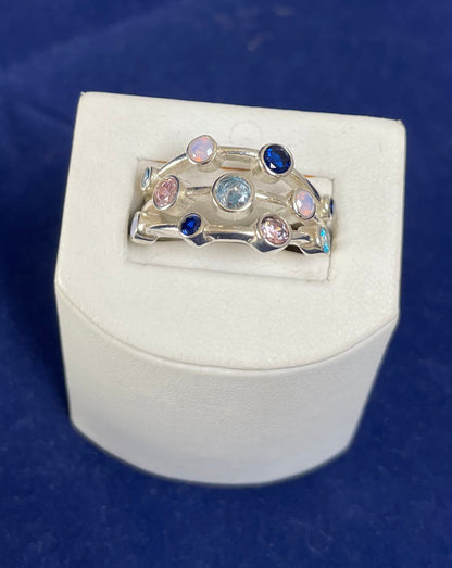 Rhodium-Plated Silver Boodle Ring With Coloured Cubic Zirconia