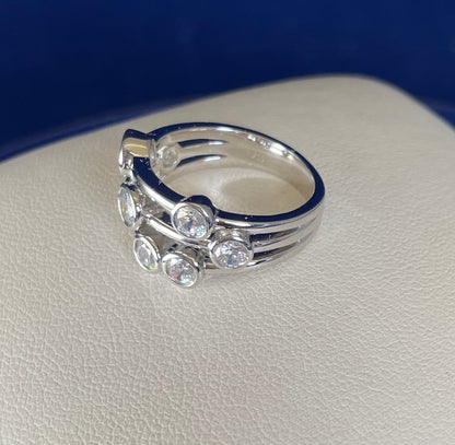Rhodium-Plated Silver Three Row Boodle Ring with Cubic Zirconia
