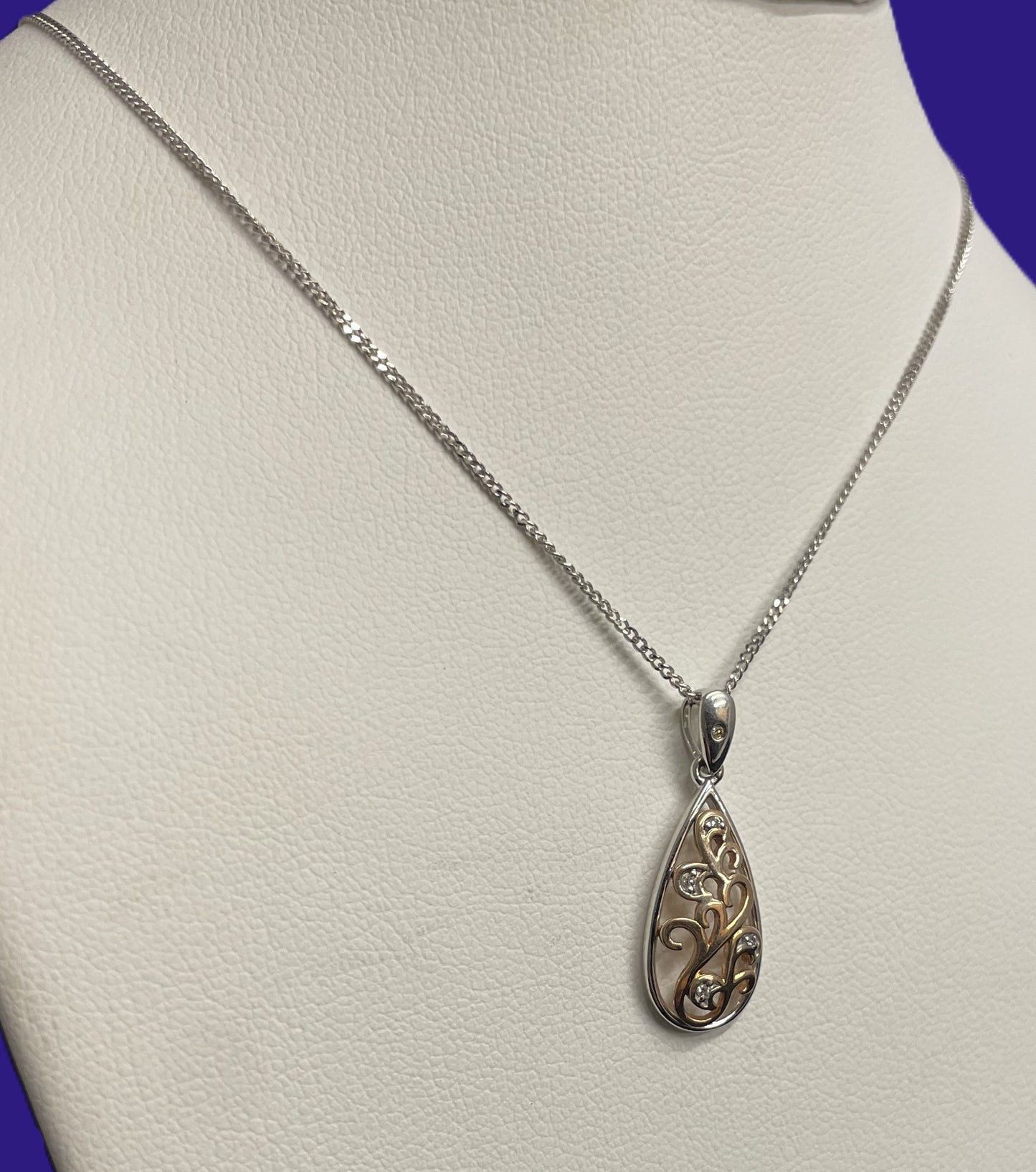 9ct White & Rose Gold Pear Shape Pendant Set With Diamonds Necklace
