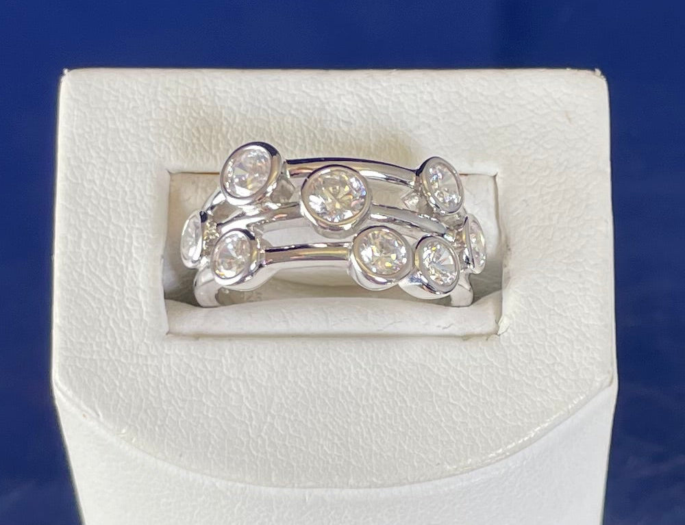 Rhodium-Plated Silver Three Row Boodle Ring with Cubic Zirconia