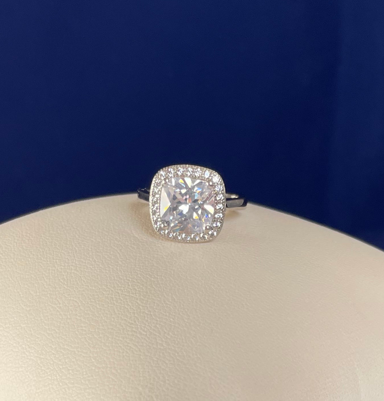 Rhodium-Plated Silver Large Cushion Shape Cubic Zirconia Cluster Ring
